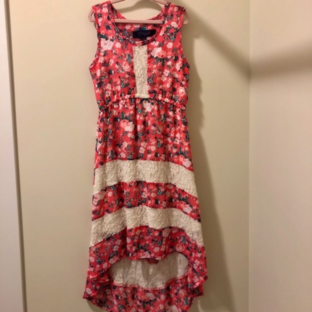 W Girl Kids Sleeveless Dress, Pink Floral and White Lace, High Low Hem, Size S